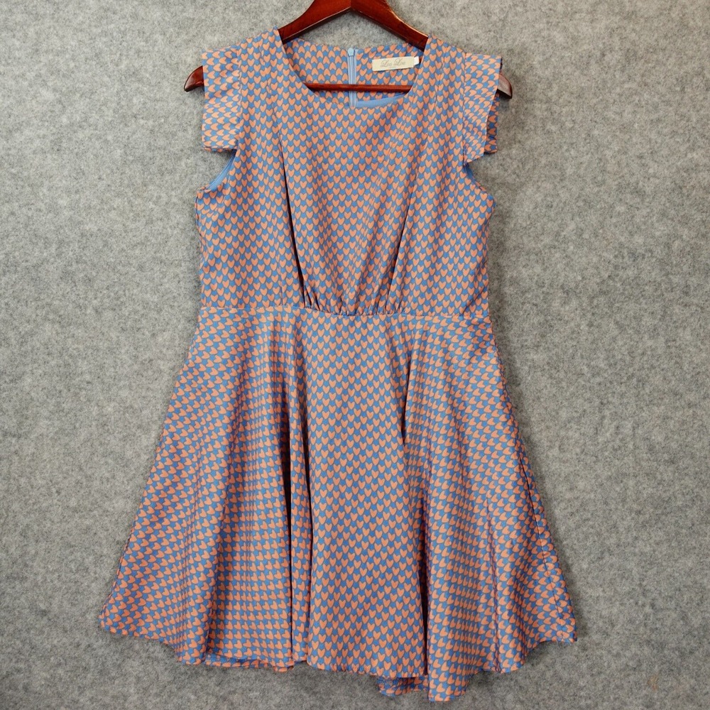 Fit Flare Rockabilly Swing Dress M‎ Blue Orange Heart Retro Party LOU LOU London